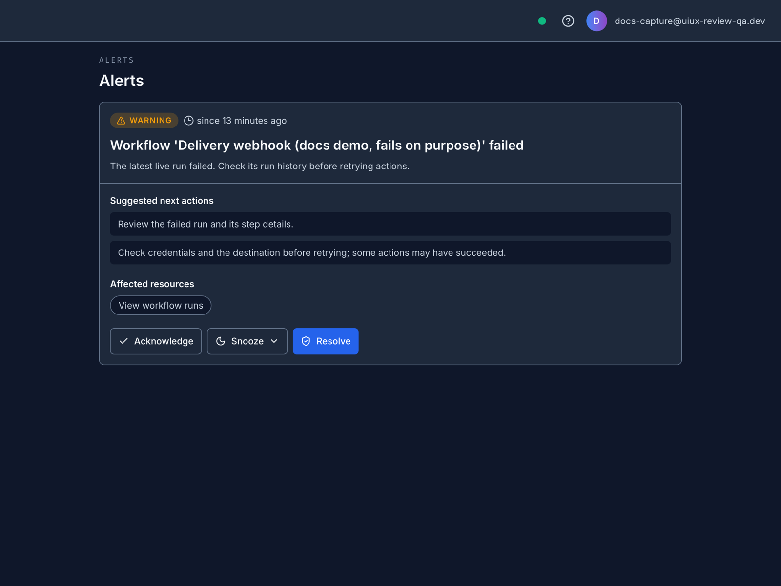 An open incident for a failed workflow run, with the suggested next actions and the Acknowledge, Snooze and Resolve buttons