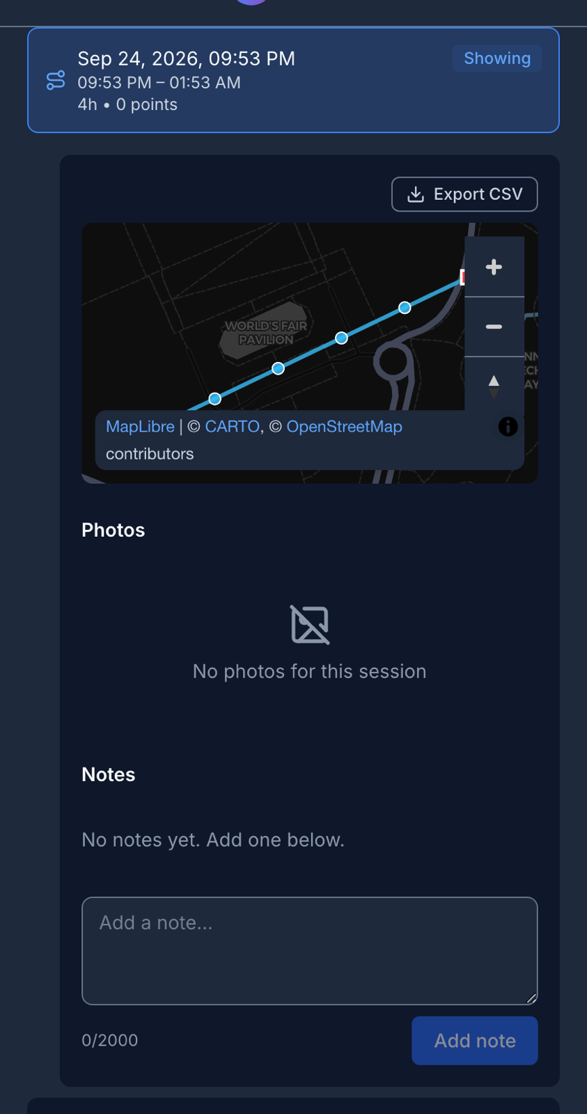 A finished shift map and trail, with Export CSV above it and Photos and Notes below