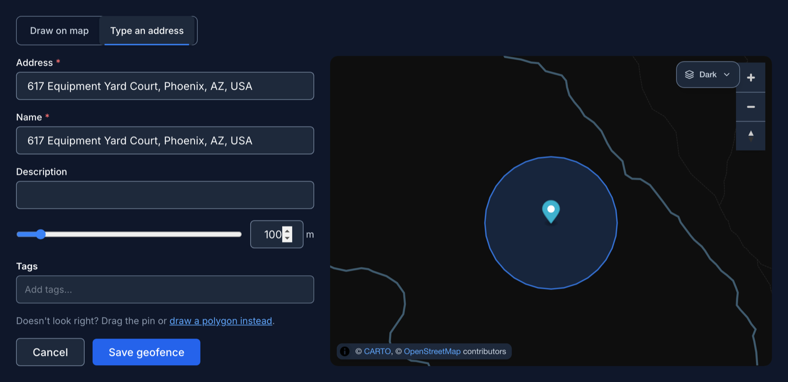 Creating a geofence from an address, with the pin and buffer circle on the map