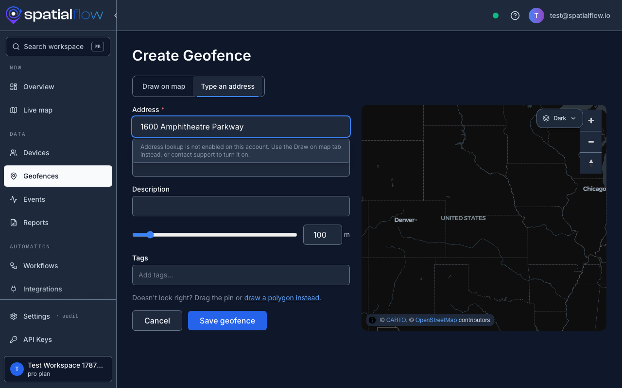 Geofence editor with address search open