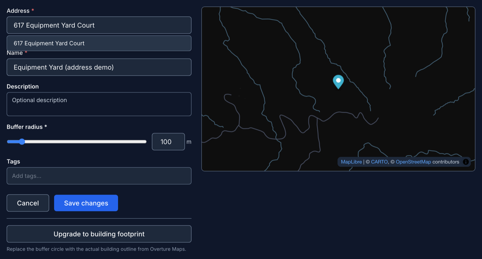 The edit page of an address geofence, with the Upgrade to building footprint button