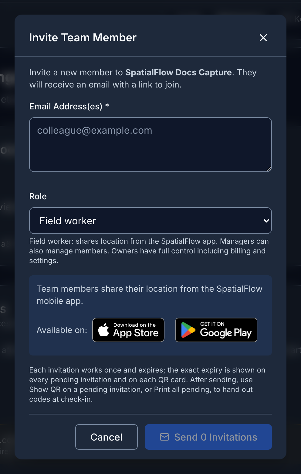 The Invite Team Member dialog, with an email address field and a role picker