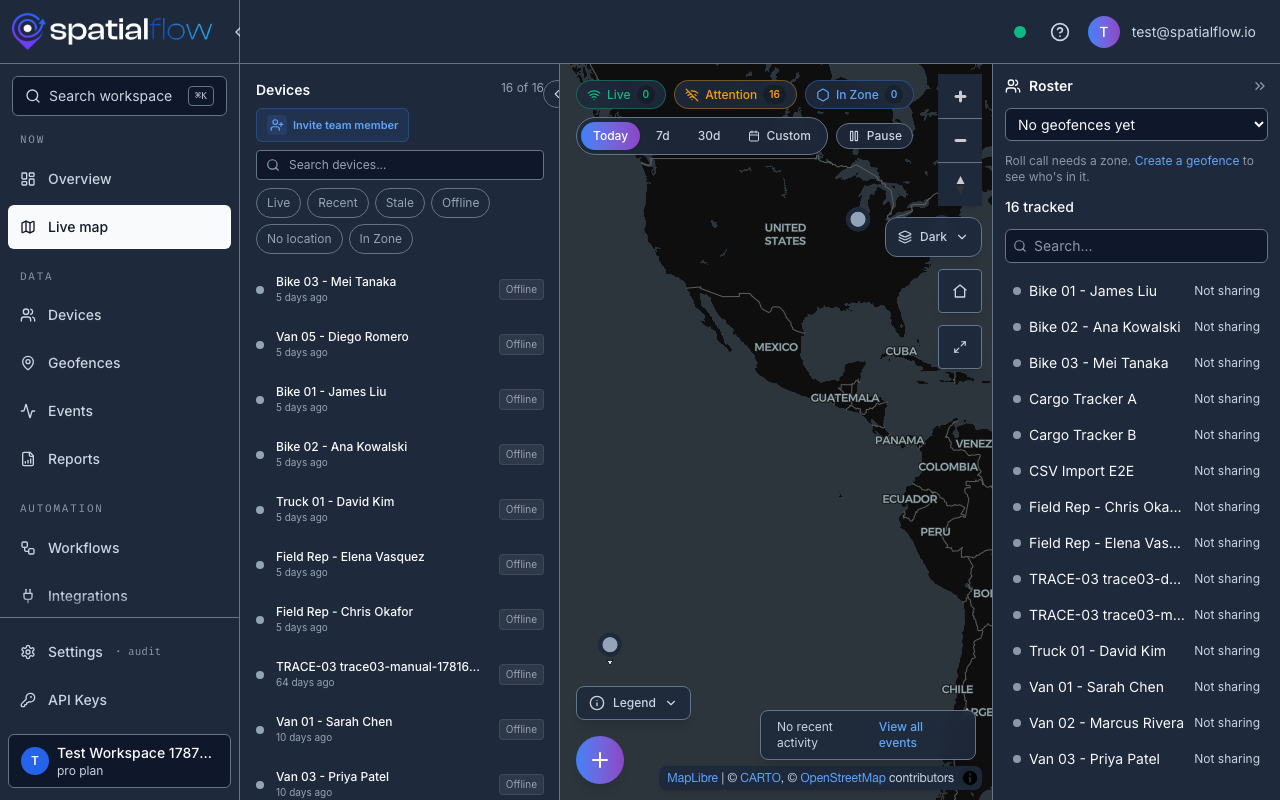 Live map with the device list, roster panel, and map controls