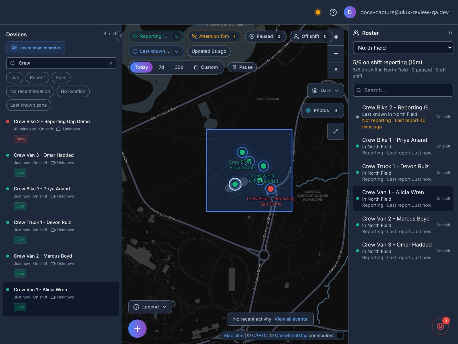 The live map with the device list on the left and the roster on the right