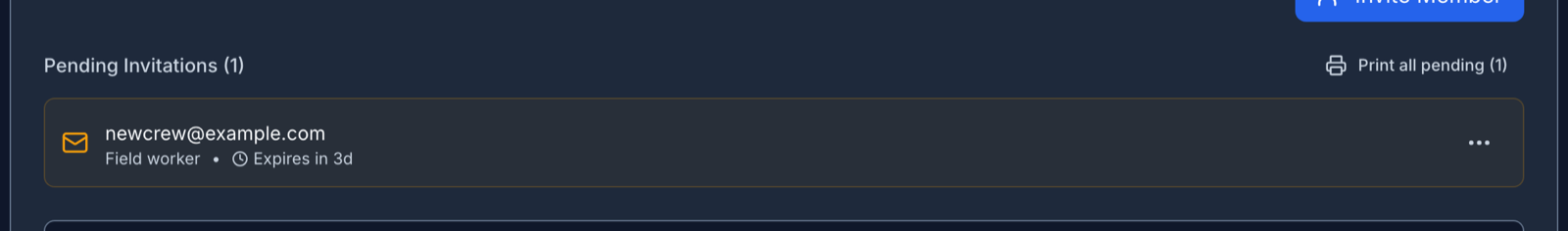 The Pending Invitations list on the Team page