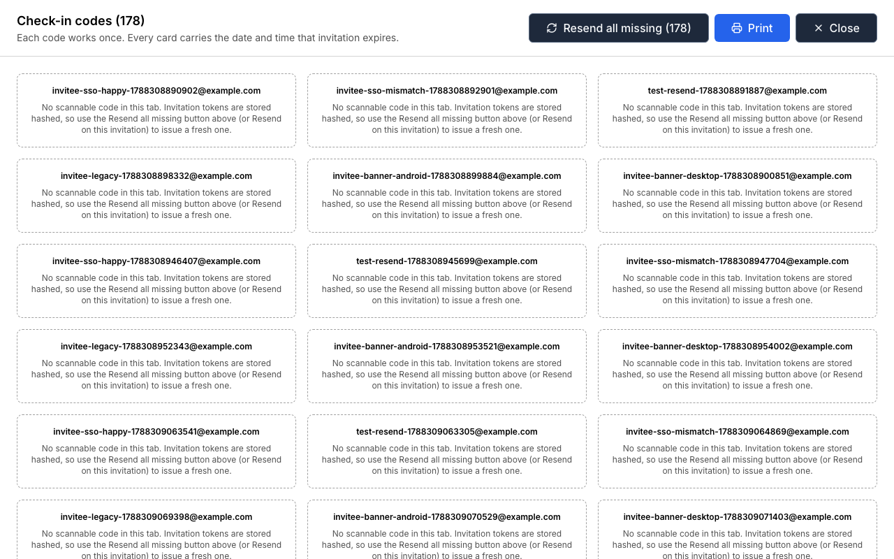 Print sheet showing check-in cards, most without a scannable code because they weren't sent from this browser tab