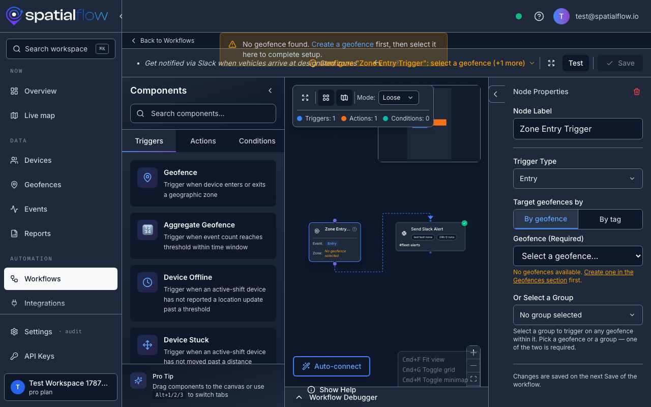 Geofence trigger node open in the workflow builder, showing Entry/Exit settings