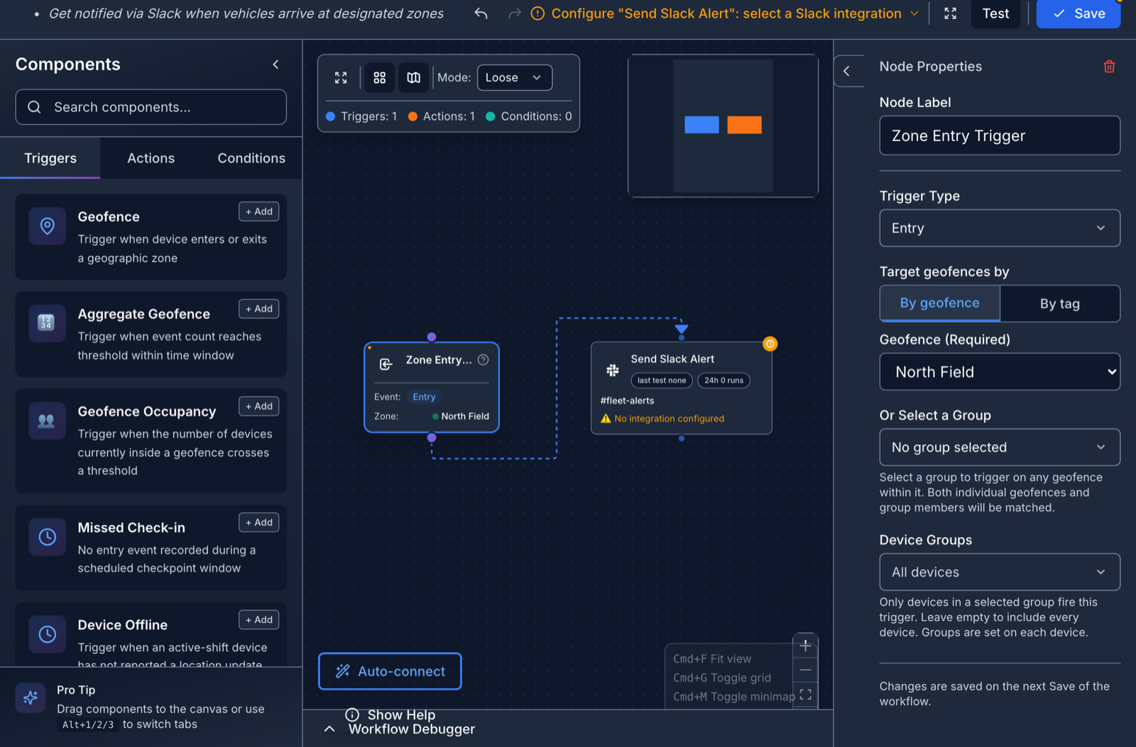 A geofence trigger open in the builder, with its trigger type and geofence
