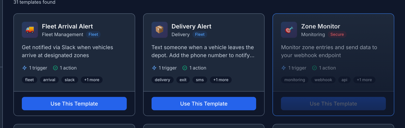 Workflow templates, including Fleet Arrival Alert, Delivery Alert and Zone Monitor