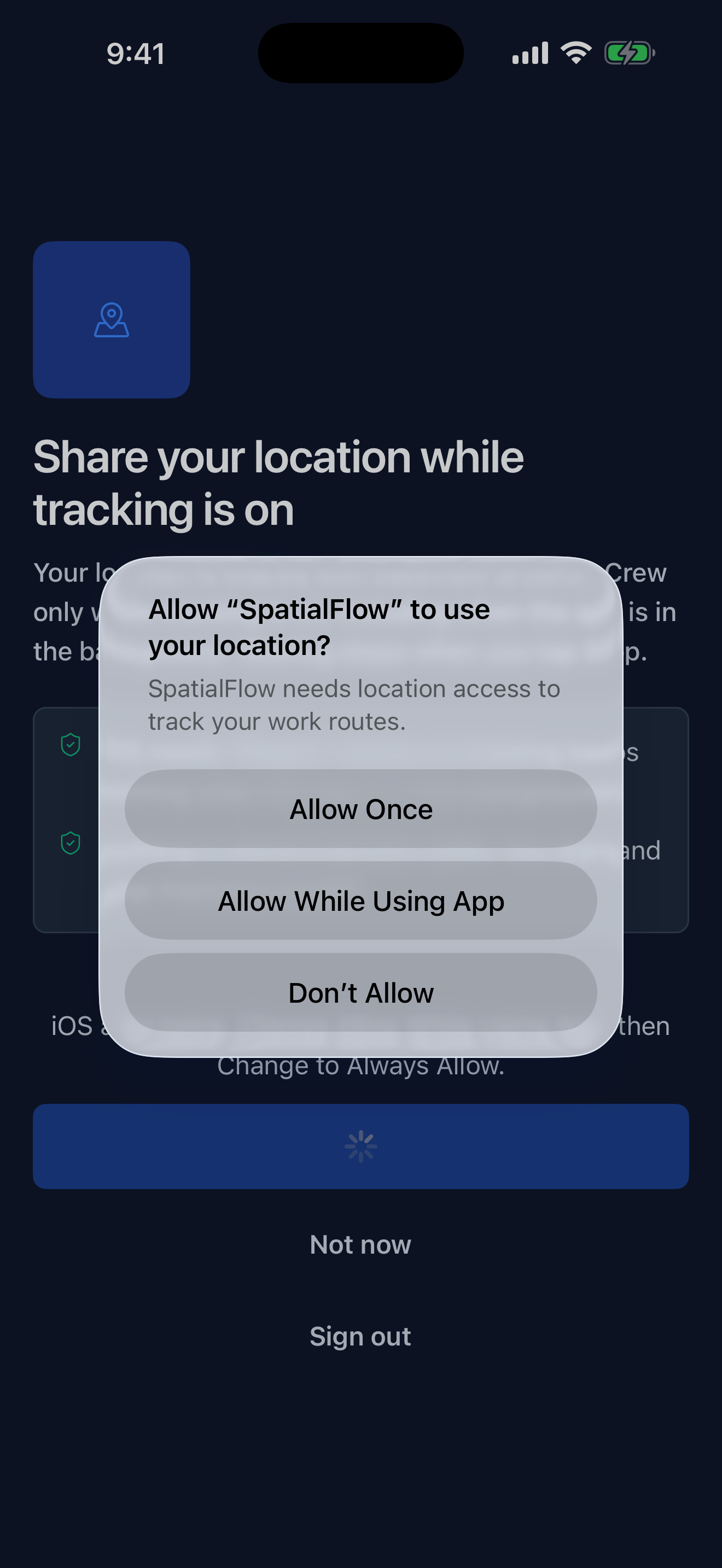 iPhone system dialog asking to allow SpatialFlow to use your location, with Allow Once, Allow While Using App, and Don't Allow.