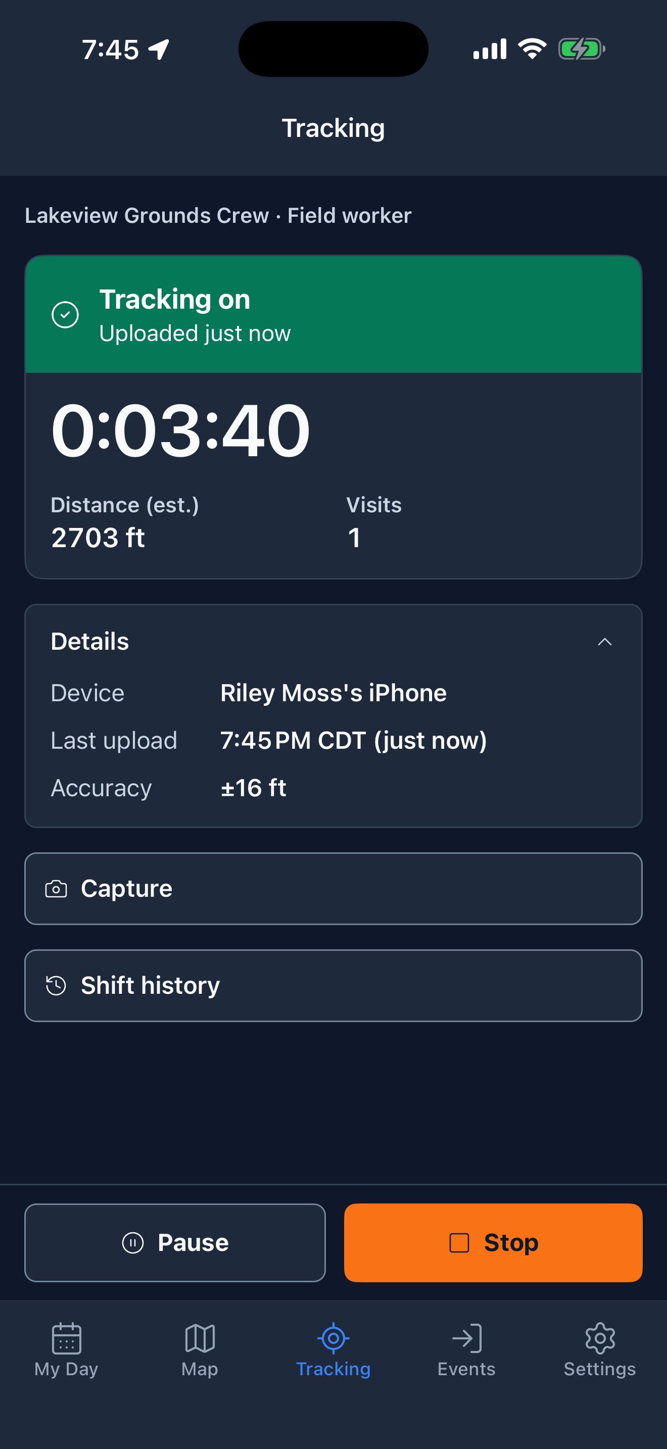 Tracking tab with Tracking on and Uploaded just now, an elapsed timer, distance and visits, and Details open showing Device, Last upload and Accuracy.