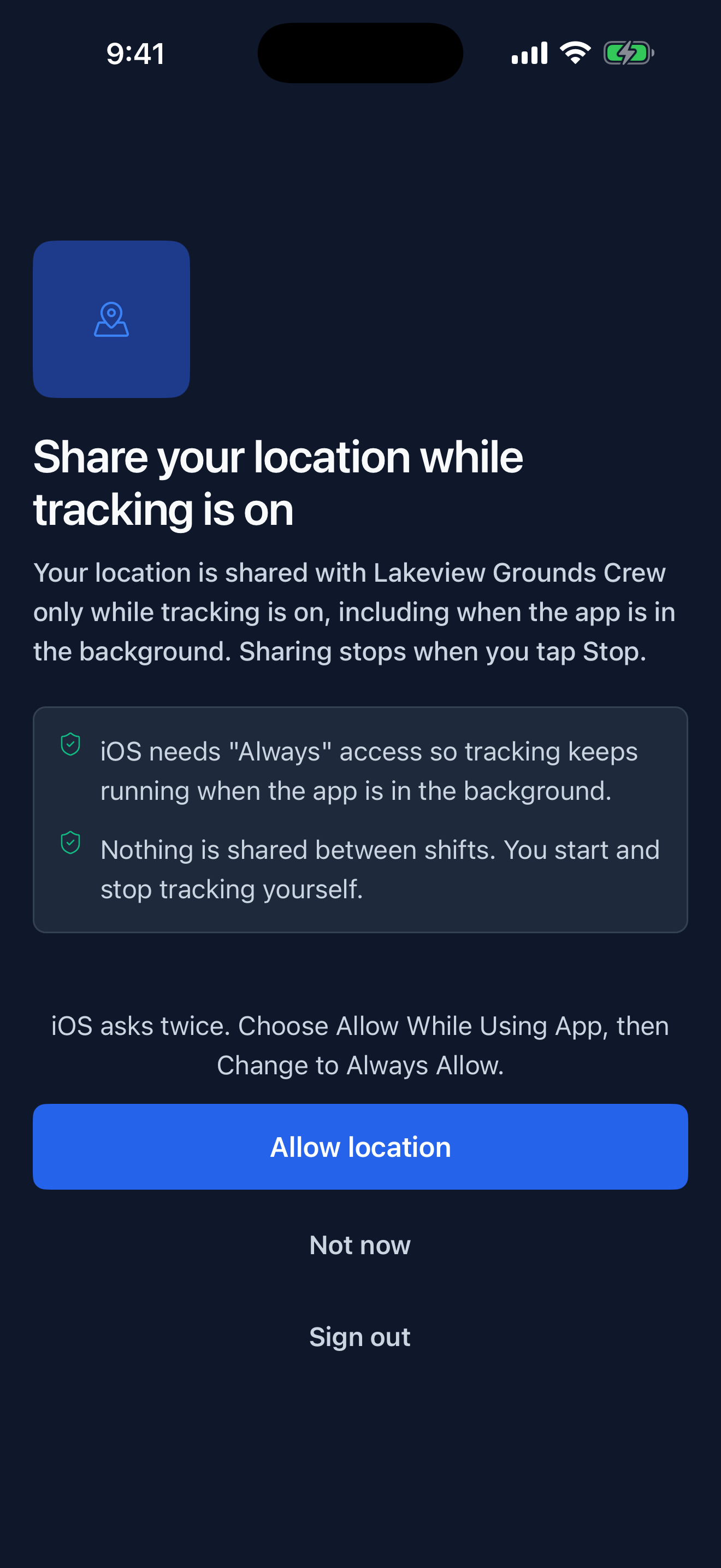 Share your location while tracking is on, with an Allow location button and a note that iOS asks twice.