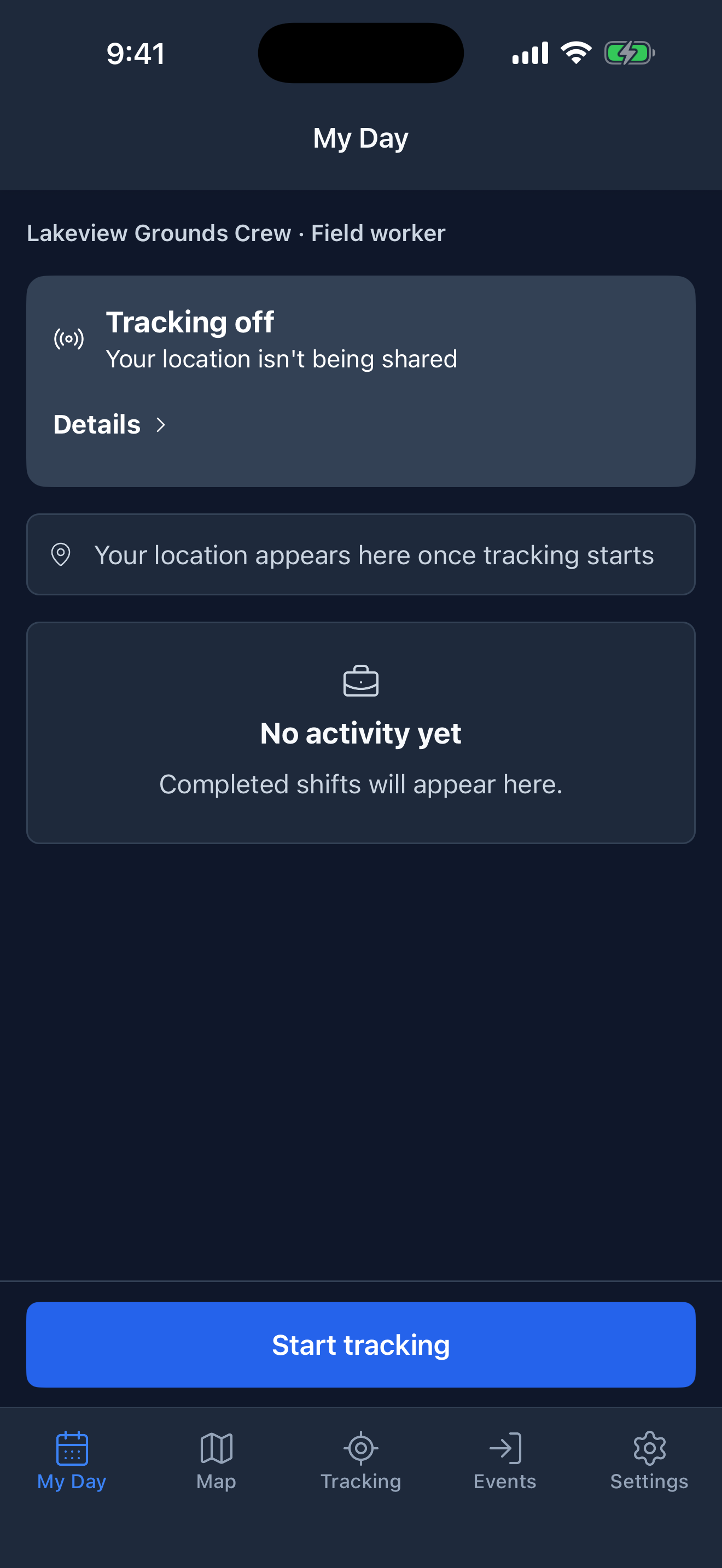 My Day for Lakeview Grounds Crew, showing Tracking off and the Start tracking button.
