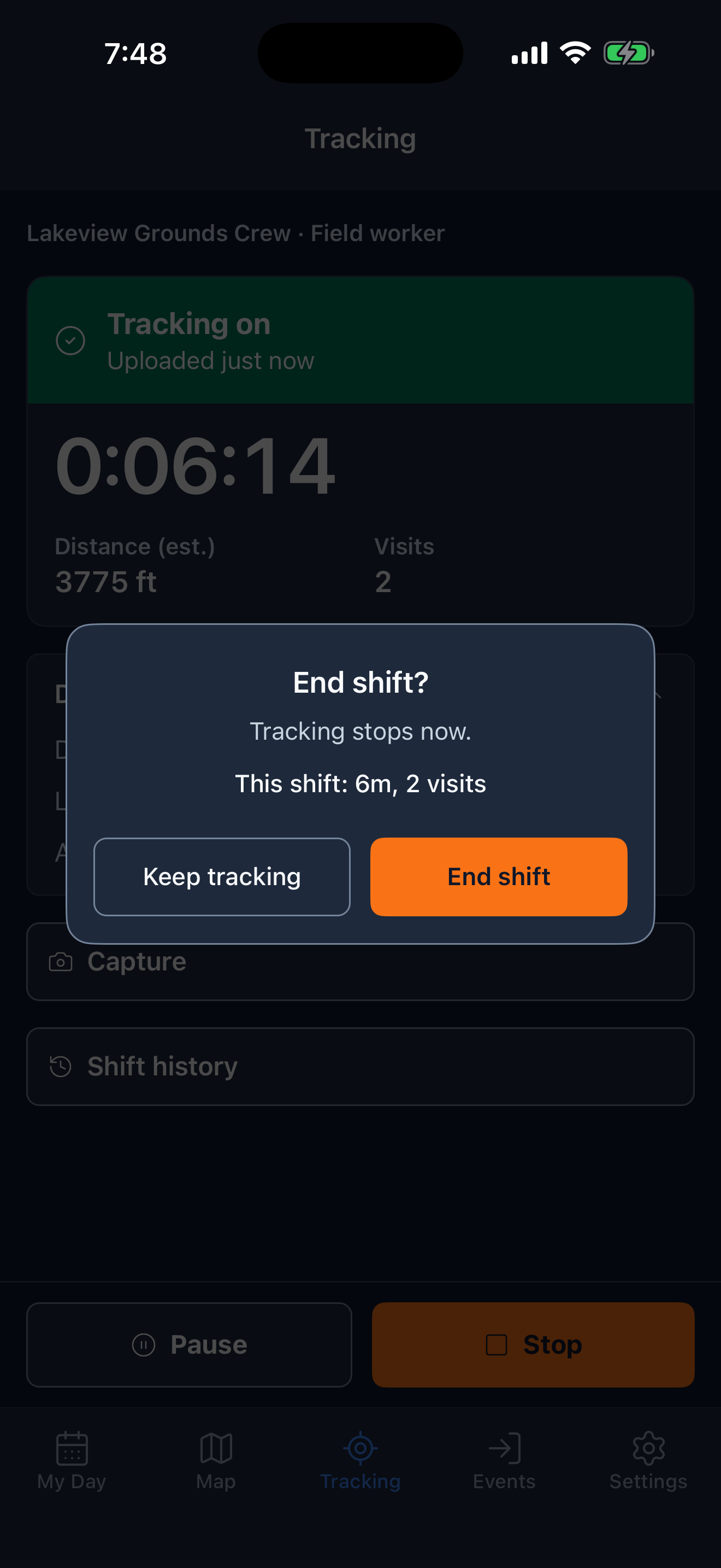End shift dialog saying tracking stops now, with the shift's length and visits and the Keep tracking and End shift buttons.