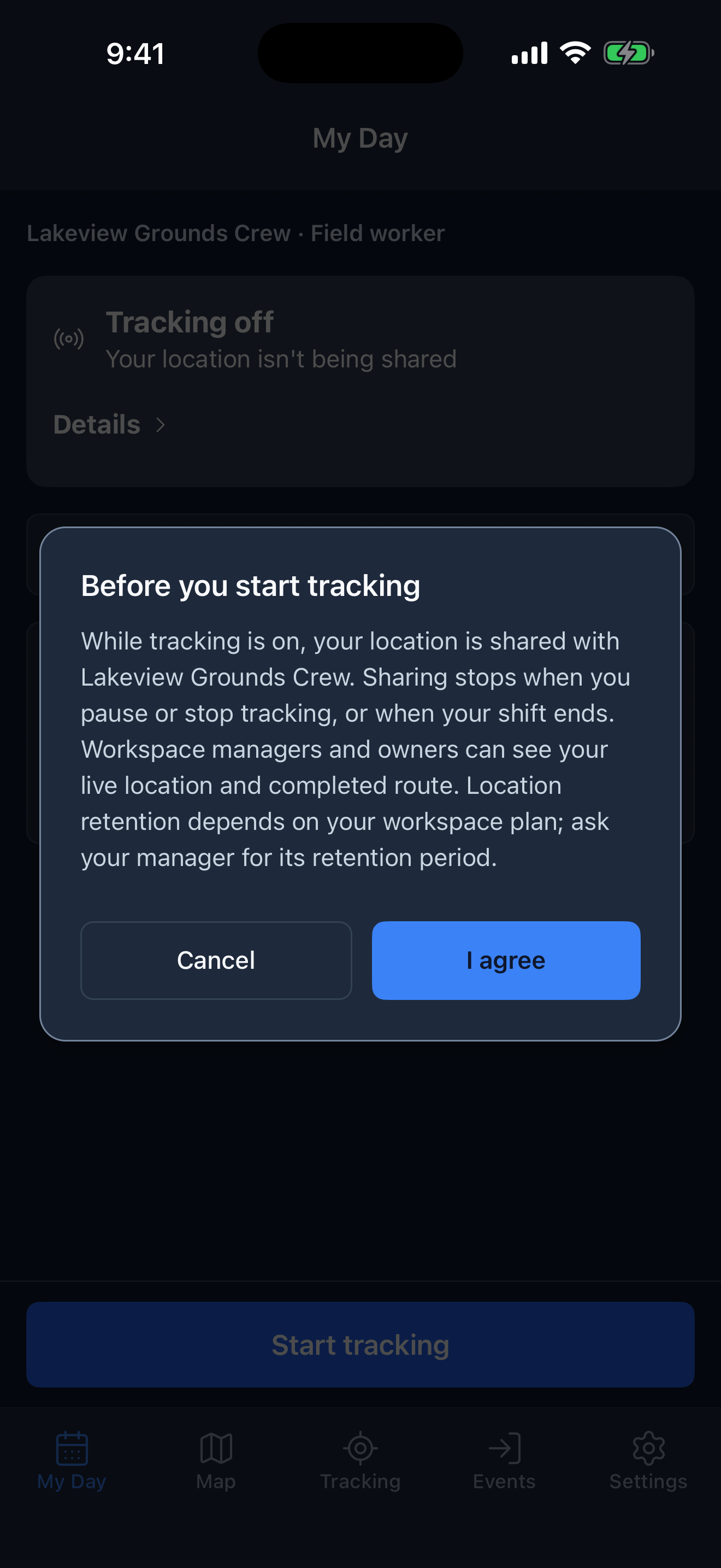 Before you start tracking, explaining who can see your location, with Cancel and I agree buttons.